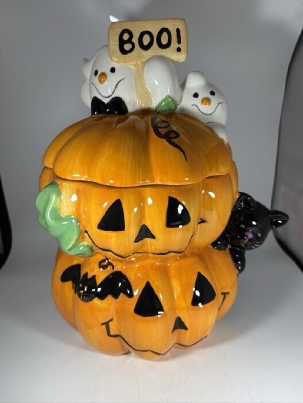 David's Cookies Cookie Jar Halloween Pumpkin Ghost Black Cat Ceramic 11.5"